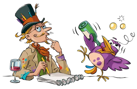 Nachdenkender K&uuml;nstler und Alkohol-trinkender bunter Vogel